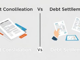 Illustration showing the difference between debt consolidation and debt settlement with organized loans and debt negotiations.