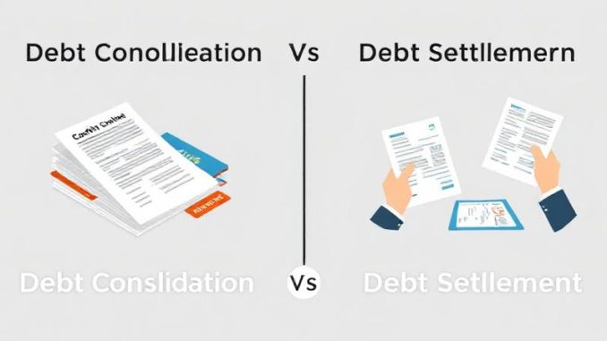 2935fe41-4d71-4151-bbed-9f981e084810 Illustration showing the difference between debt consolidation and debt settlement with organized loans and debt negotiations.