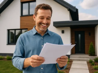 Choose home insurance – confident homeowner reviewing policy in front of house