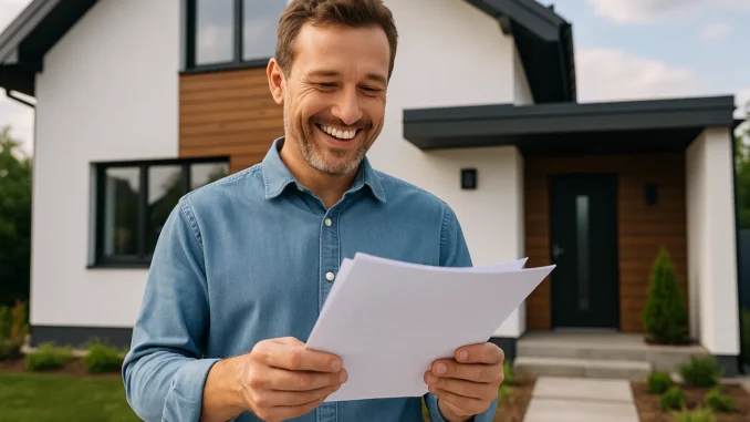 assets_task_01jxdkk8eeer0b5c3nbbrad5np_1749582285_img_0 Choose home insurance – confident homeowner reviewing policy in front of house