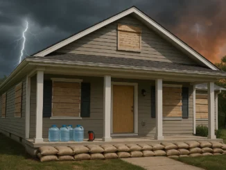 Home prepared for natural disasters with emergency supplies, storm protection, and visible safety measures.