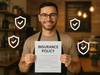 Small business owner reviewing business insurance for small business coverage options.