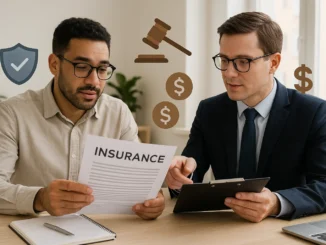 Small business owner reviewing general liability insurance policy with advisor