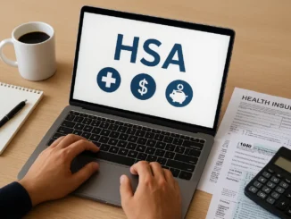 Freelancer researching what an HSA is using laptop and health insurance documents