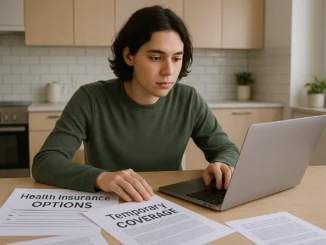 Person reviewing short-term health insurance options on a laptop at home.