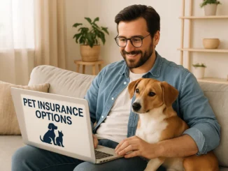 Pet owner researching pet insurance options online while sitting with their dog or cat.