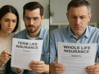 Split image of people comparing term vs whole life insurance policy options.
