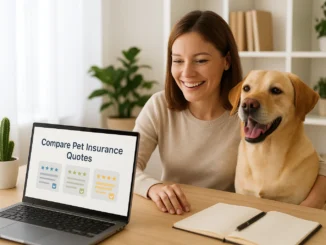 Pet owner researching best pet insurance plan options on a laptop with their pet beside them