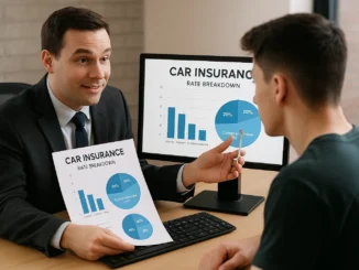 Insurance agent explaining what determines car insurance rate to a driver