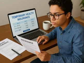 Person researching temporary health insurance options on a laptop at home.