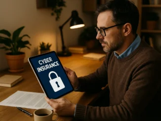 Small business owner reading about cyber insurance protection online.