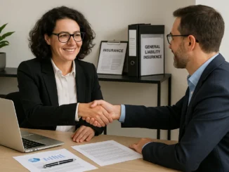 Small business owner discussing general liability insurance for your business with a client in an office.