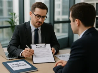 Freelancer consulting with client about professional liability insurance policy coverage.