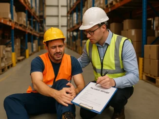 Small business owner reviewing workers' compensation paperwork with an injured team member in the office.