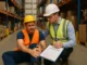 Small business owner reviewing workers' compensation paperwork with an injured team member in the office.