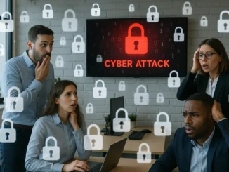 Team in a modern office reacting to a cyberattack warning on a screen, symbolizing the importance of cyber liability insurance.