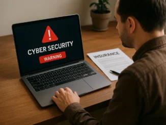 Small business owner reviewing cyber liability insurance protection on tablet.