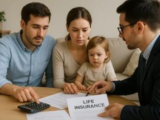 Couple calculating how much life insurance they need with a financial advisor