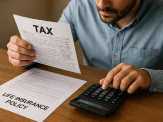 Man reviewing life insurance and tax documents with calculator