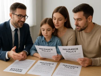 Family reviewing multiple life insurance policies with advisor