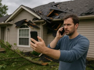 Homeowner documenting roof damage for a home insurance claim