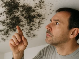 Homeowner calling insurance provider about mold damage on wall