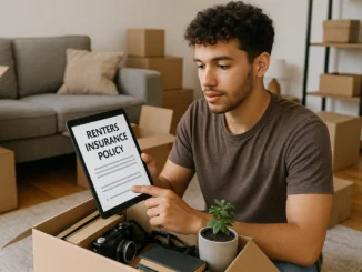 Renter reviewing renters insurance coverage in apartment living room