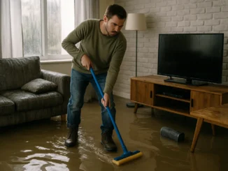 Renter drying belongings after water damage in apartment.