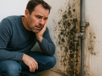 Homeowner inspecting mold damage caused by plumbing leak