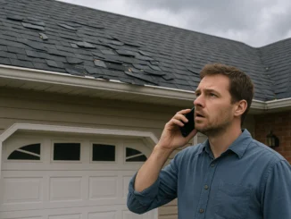Homeowner calling insurance company about roof damage after storm