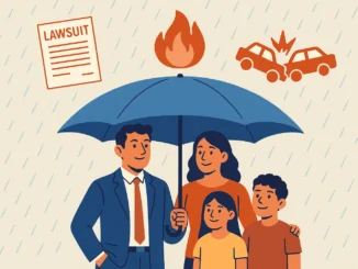 Family protected by umbrella symbolizing umbrella insurance coverage.