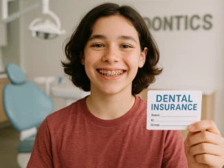 Teen with braces holding dental insurance card at orthodontist appointment