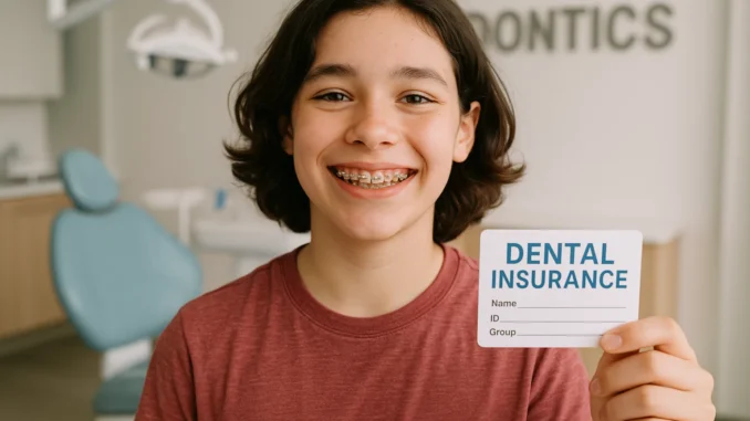 assets_task_01k1n3245jfys96wvezy03v6db_1754128353_img_1 Teen with braces holding dental insurance card at orthodontist appointment