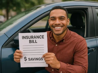 Happy car owner holding reduced car insurance premium bill in front of vehicle.