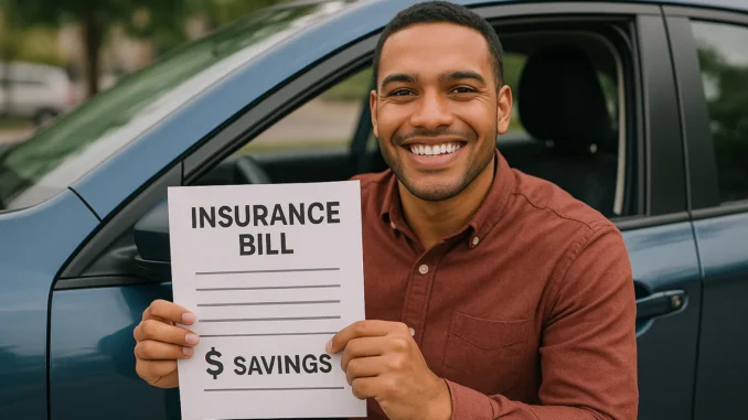 assets_task_01k216pbv6epy937f41fbdj3kd_1754534825_img_0 Happy car owner holding reduced car insurance premium bill in front of vehicle.