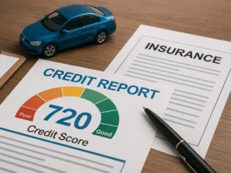Credit score and auto insurance concept – car and credit report documents.