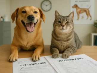 Pet insurance worth it concept – dog and cat with vet bills and insurance papers.