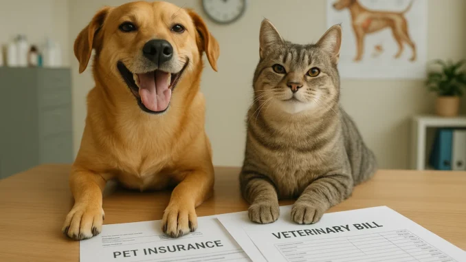 assets_task_01k2rgv6rff608gghpt5ma5b4a_1755317192_img_0 Pet insurance worth it concept – dog and cat with vet bills and insurance papers.