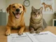 Pet insurance worth it concept – dog and cat with vet bills and insurance papers.