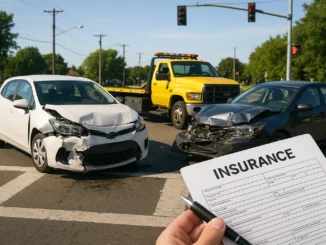 Car accident with tow truck and insurance documents, illustrating impact on car insurance rates.