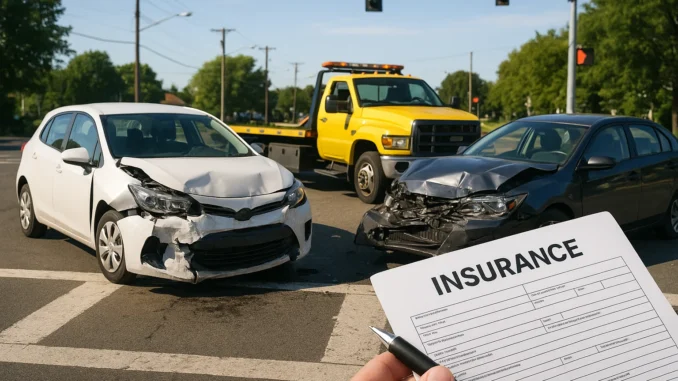 assets_task_01k2rhb3mkfdbbj354fyv925ks_1755317723_img_0 Car accident with tow truck and insurance documents, illustrating impact on car insurance rates.