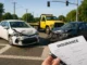 Car accident with tow truck and insurance documents, illustrating impact on car insurance rates.