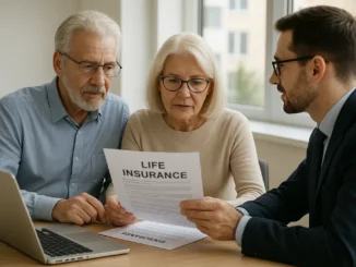 Senior couple reviewing life insurance policies with advisor, illustrating life insurance options for seniors.