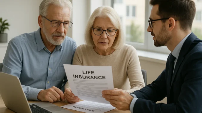 assets_task_01k2rhvbabfexrk2qzn7pzv815_1755318273_img_0 Senior couple reviewing life insurance policies with advisor, illustrating life insurance options for seniors.